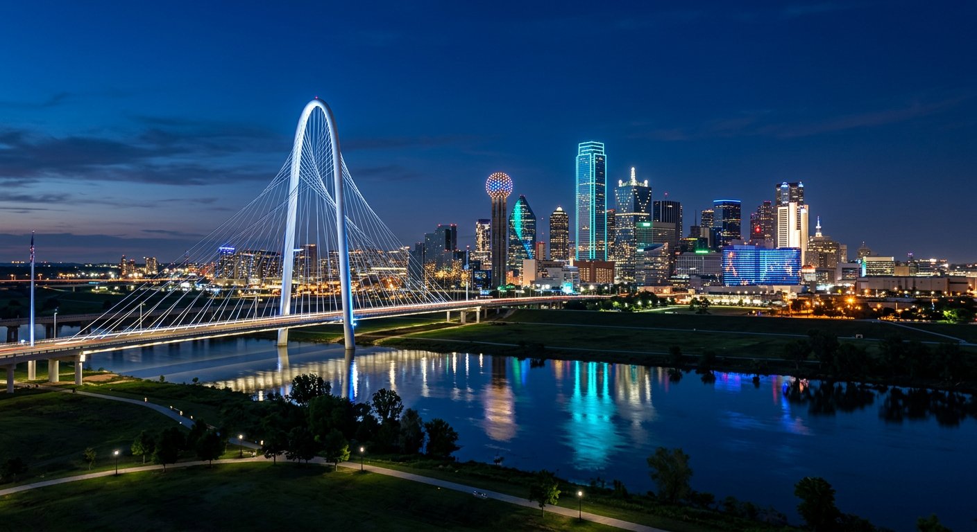 Dallas skyline and Margaret Hunt Hill Bridge at blue hour